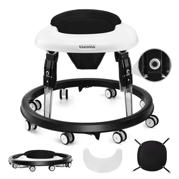 Baby Walker with Wheels, One-Touch Folding Anti-Roll 8-Wheel Baby Walkers, 7-Speed Height Adjustment with Large Dinner Plate and Brake 6-18 Months Baby Walker, Black