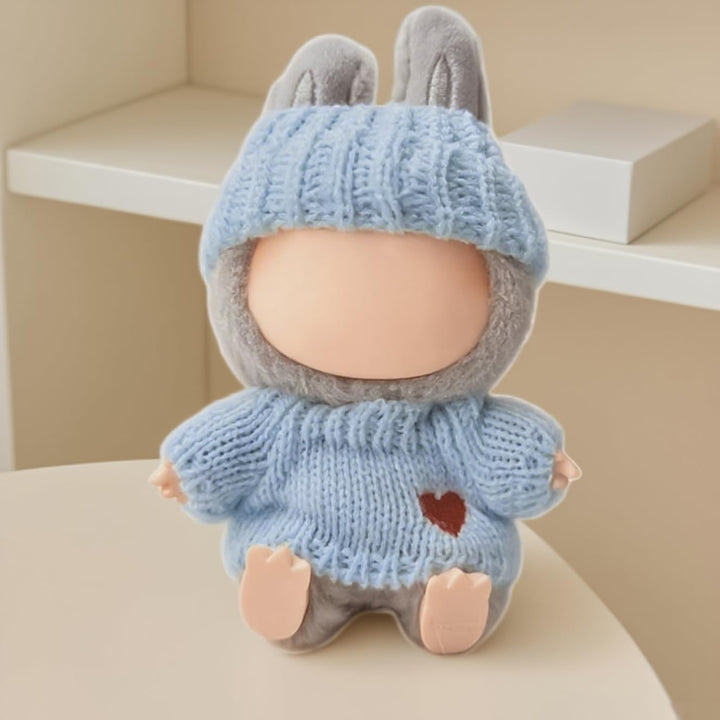 Doll Clothes Compatible with Labubu 2 Set Outfits(4 Pieces), Adorable 17Cm/15Cm Handcrafted Crochet Doll Clothes Ropa Designer Accessories for La Bubu,Hat & Sweaters (Blue &Gray)