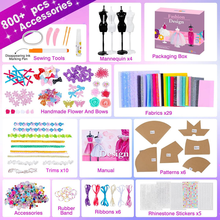 800+Pcs Fashion Designer Kit for Girls, Sewing Kit with 4 Mannequins, DIY Arts and Crafts Kit for Kids, Doll Clothes Making Kit, Girl Toys for Age 6 7 8 9 10 11 12 Year Old Gifts