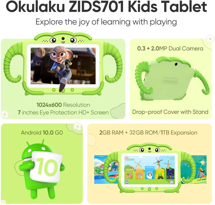 Kids Tablet 7 Inch Toddler Tablet for Kids 2GB + 32GB Android System with Wifi Dual Camera Shockproof Case Child Learning PC with Parental Control, Preinstalled Educational Games, Green