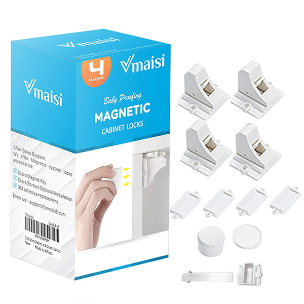 Child Safety Magnetic Cabinet Locks -  4 Pack Adhesive Baby Proofing Cabinets & Drawers Latches