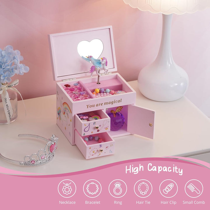 Wooden Jewelry Box with Unicorn for Girls, Musical Children'S Jewelry Organizer, Gift for Toddler Age 2 3 4 5 6 7 8 9 on Birthday -Pink