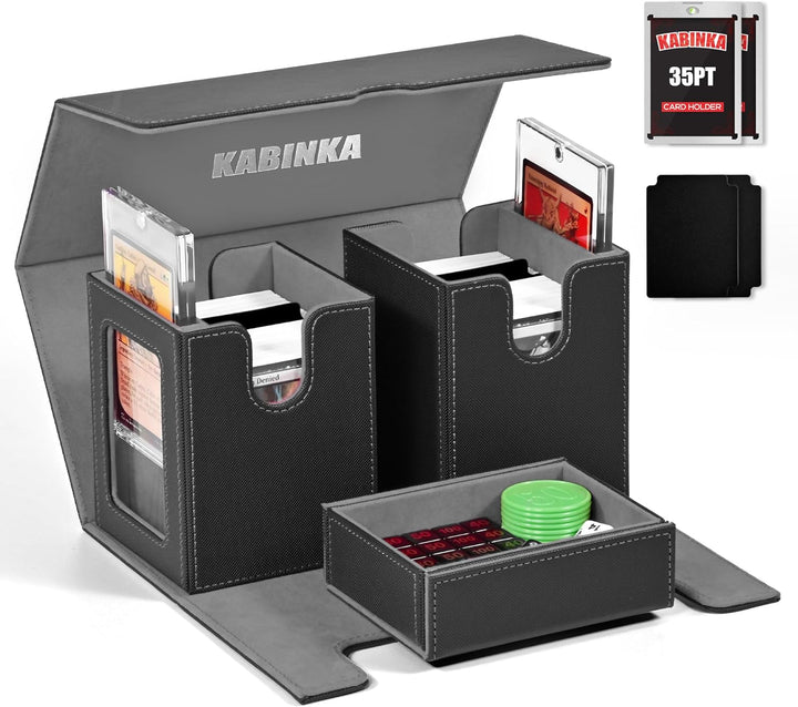 Card Deck Box for MTG with Commander Display, 5 in 1 Card Storage Box Fits 400+ Double-Sleeved Cards, Removable Deck Case for Tcg/Sports Cards with Dice Tray, 4 Magnetic Card Holders (Black Purple)