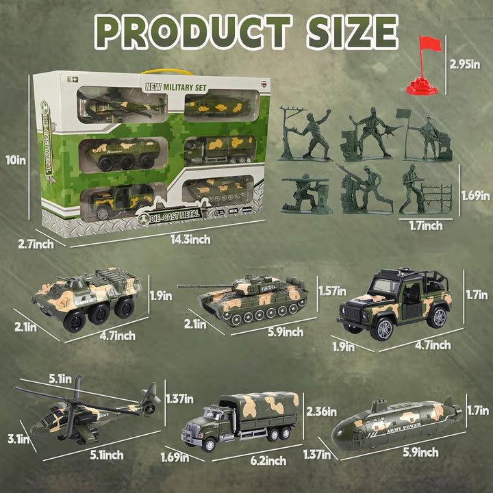Military Vehicle Set Assorted Army Model Car Helicopter Submarine Tank Armored Car Panzer Transport Truck with Army Men Action Figures Soldiers Die Cast Alloy Metal Pull Back Toys for Kids