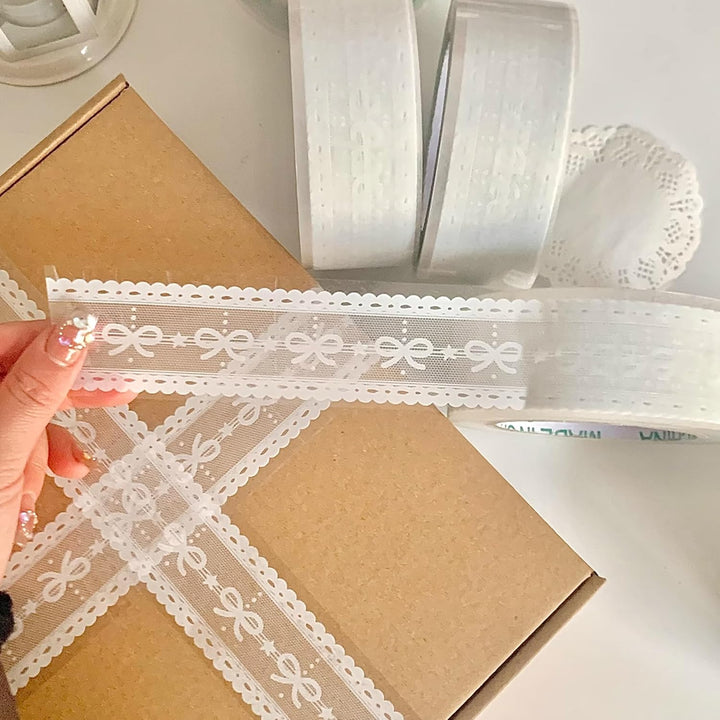 100M Lace Patterns PET Tapes White Bow Arts Decorative Tape Set Adhesive Transparent Masking Tapes for DIY Craft, Kids, Scrapbook, DIY, Gift Wrapping, Journal