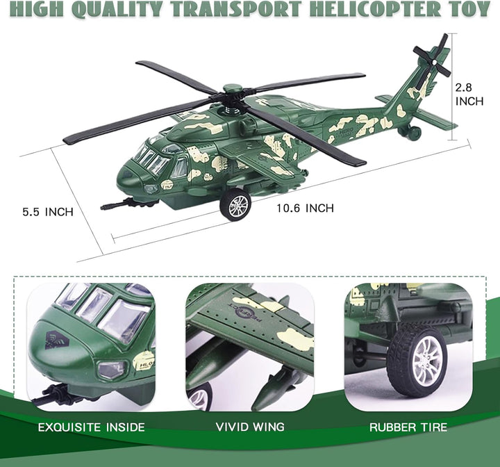 Military Helicopter Toy with Lights and Sounds, Die Cast Metal Airplane Pull Back Army Plane Toys for Kids Children Boys Girl