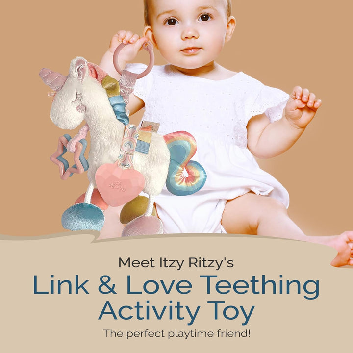 Link & Love Toy for Stroller or Car Seat; Features Textured Ribbons, Crinkle Sounds, Clinking Rings & Silicone Teether; Designed for Ages 0 Months and up (Unicorn)