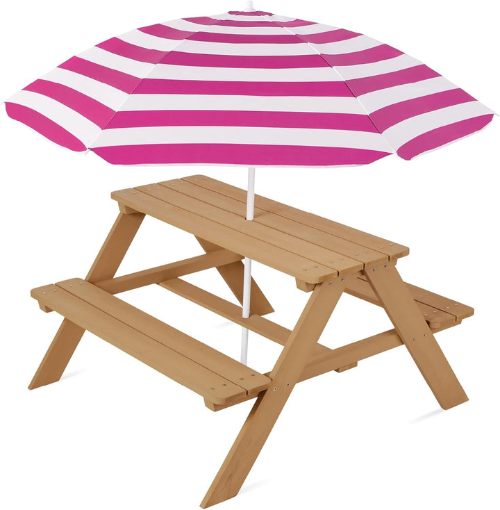 Kids Wooden Picnic Table, Outdoor Activity & Dining Table W/Adjustable Collapsible Umbrella, Built-In Seats - Golden Brown/Navy
