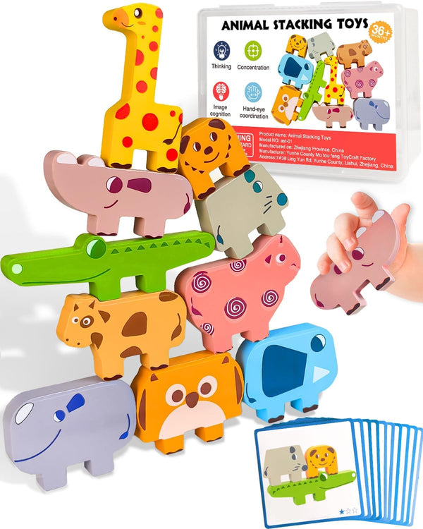 Montessori Toys for 1 2 3 4 Year Old Boys Girls, Toddler Toys Age 2-4, 1 2 3 4 Year Old Girl Boy Birthday Gifts, 10 Pack Wooden Animal Blocks Sorting & Stacking Education Toddler Puzzles Toy