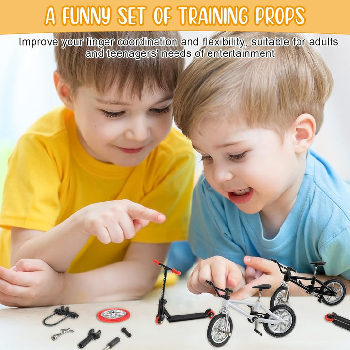 18 Pieces Finger Toy Set Including Alloy Finger Bikes, Finger Scooter, Finger Pants, Replacement Wheels, Bike Lock and Mini Tools Movement Party Favors(Black, White, Blue)