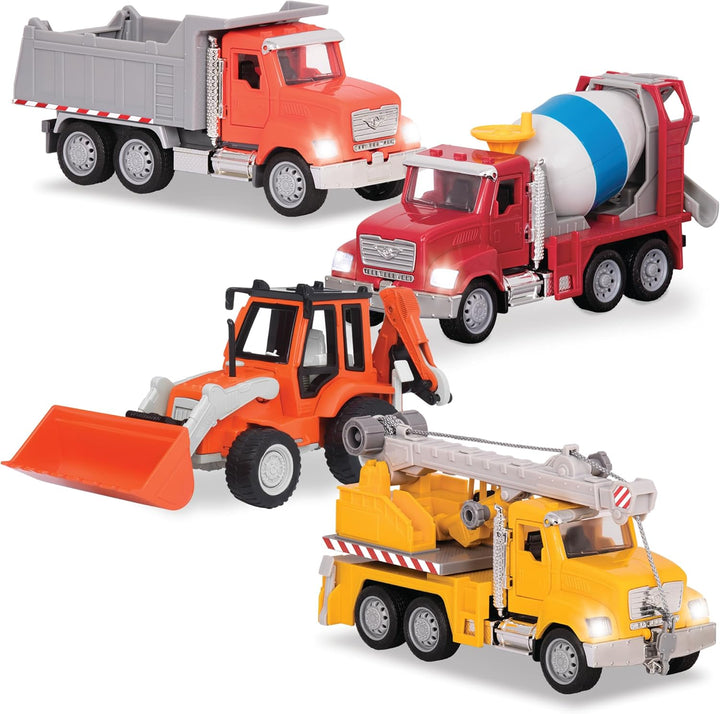 – 4-Pack of 7 Construction & Utility Toy Trucks – Includes Cement Mixer, Telehandler, Garbage, Tow & Fire Truck – Lights & Sounds – Ages 3+