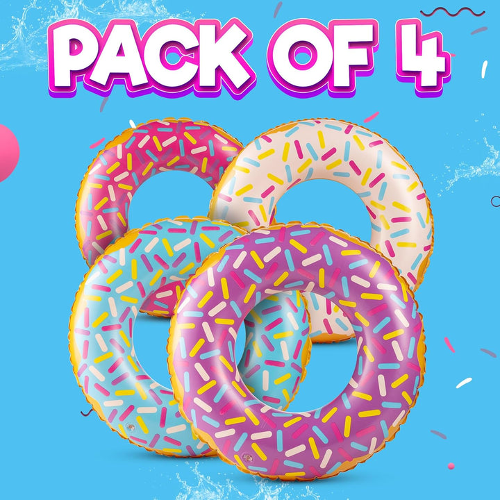 Inflatable Donuts - (Pack of 4) 24 Inch Donut Pool Float for Kids Ages 2-6 Pool Tube, Assorted Swim Rings with Sprinkles for Pool Floaties, Party Decorations