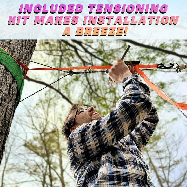 Zipline for Kids and Adult, Zip Line Kits for Backyard with Stainless Steel Spring Brake, Cable Tensioning Kit, Safety Harness, 2 Tree Protectors and Full Set of Zip Line Accessories