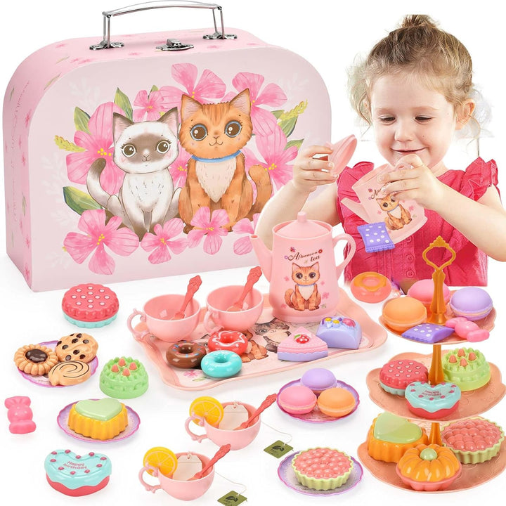 Kids Plastic Tea Party Set for Toddlers & Girls Ages 3-8 – Princess Pretend Play Kitchen Toy with Carrying Case, Teapot, Cups, Saucers, Dessert Toys & Tray | Gift for Little Girls Birthday