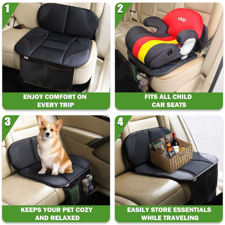 Car Seat Protector for Kids, Anti-Slip Design, Thick Padding, Prevents Seat Marks, 2 Storage Pockets for Toys & Snacks, Fits Most Cars, Black - 1 Pack