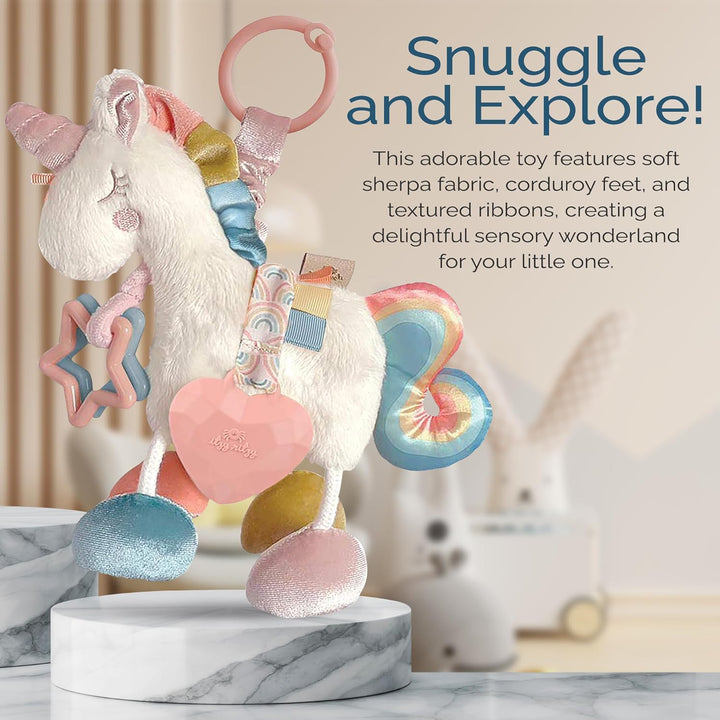Link & Love Toy for Stroller or Car Seat; Features Textured Ribbons, Crinkle Sounds, Clinking Rings & Silicone Teether; Designed for Ages 0 Months and up (Unicorn)