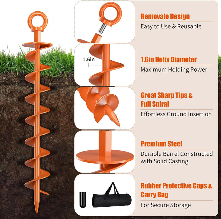 Ground Anchor Screw In, 4 Pack Spiral Trampoline Anchors with Nut and Tool Swing Set Anchors Tent Stakes High Wind Heavy Duty for Sheds, Carports, Mobile Home Orange