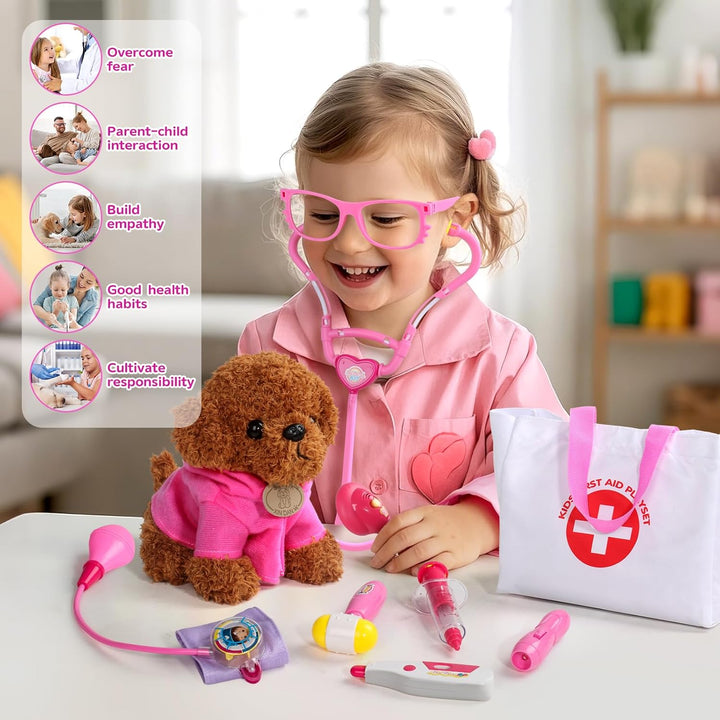 Doctor Kit for Toddlers 3-5, Kids Doctors Play Set with Plush Dog, Toy Stethoscope & Carrying Bag - Dress up Girl Toddler Toys for 2 3 4 Year Old Veterinarian Pretend Play Gifts (Pink)