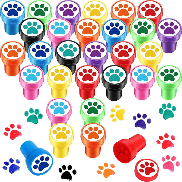24 Pcs Dog Paw Print Stampers Self Inking Teacher Mini Colorful Stamp Party Favors Assorted Set for Kids Birthday Favors Classroom Rewards School Educational Learning Activities Supplies