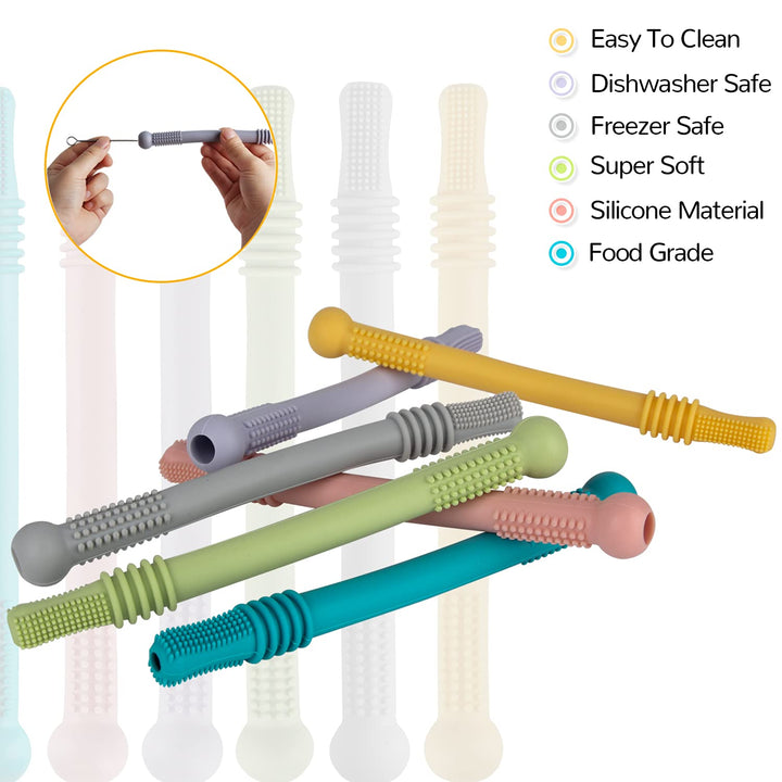 Hollow Teether Tube Chew Straw Sensory Toy for Infant Toddlers Silicone Tubes Teething Toys for Babies 3-12 Months 0-36 Months Gifts Learning Developmental Toys BPA Free Freezable 6 Pack