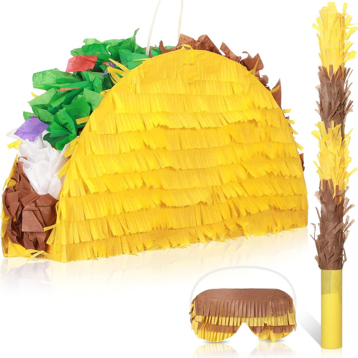 Taco Piñata Set Mexican Birthday Party Decorations Cinco De Mayo Fiesta Theme Taco Pinata with Plastic Stick and Blindfold for Mexican Themed Party Supplies Favors, 15 X 8 X 3 Inches