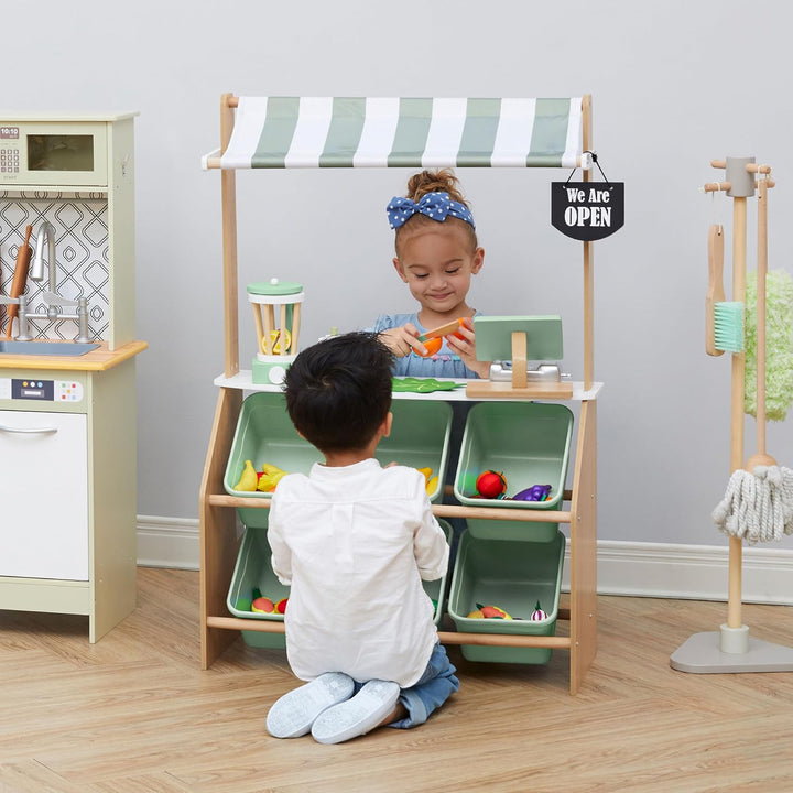 Little Helper Wooden Farmer'S Market Stand with Pretend Cash Register and 6 Plastic Storage Bins, Green, TD-13638A-AMZ