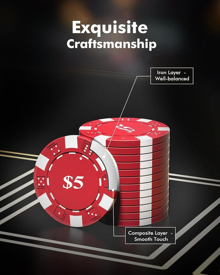 Poker Set with Denominations, 300-Pcs 11.5G Weighted Numbered Chips, 5 Dice, 2 Decks with Compact Aluminum Case for Texas Hold'Em, Blackjack, Age 8 and Plus