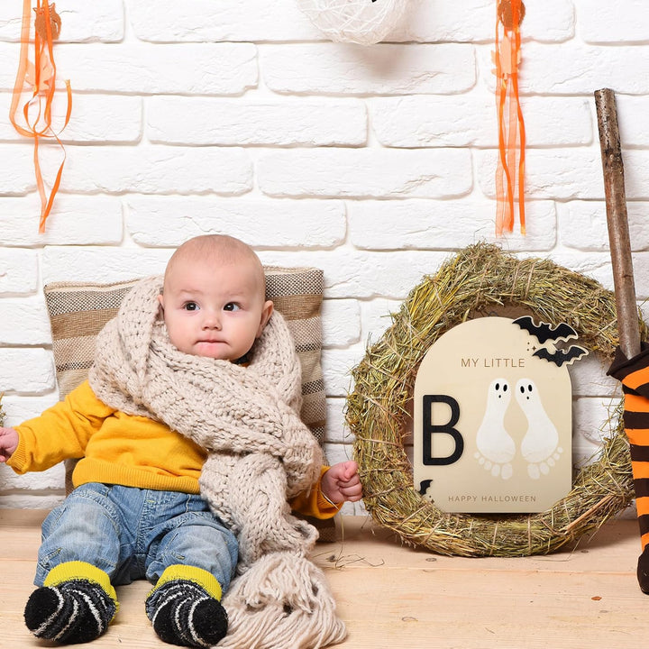 Baby'S First DIY Footprint Art Wooden Milestone Card Keepsake Little Boo Sign Nursery Decorative Ornaments for Baby Shower Newborn Photoshoot Prop(Halloween Classic)