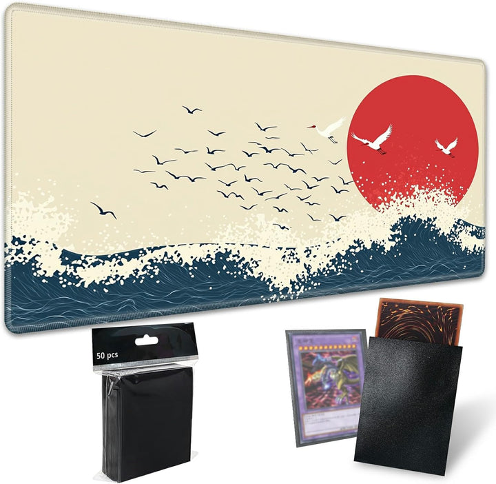 TCG Playmat Board Game Mat plus 50 Pcs Card Sleeves, 24 X 14 Table Mats Game Mousepad with Soft Surface Non-Slip Base for MTG RPG CCG Trading Card Game Playmats, Green Frog