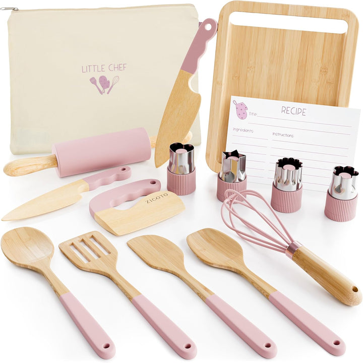 Wooden Cooking & Baking Set for Kids - Safe & Real Kitchen Tools Give Toddlers a Fun Cooking Experience - Durable Utensils Are Perfect for Gifting to Create Lasting Family Memories