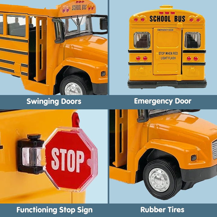 Diecast Yellow School Bus Model Toy, 8" Pullback Die Cast Model Vehicle for Kids with Rubber Tires, Opening Doors, Lights and Sounds