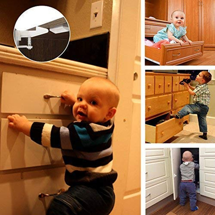 12 Pack Cabinet Locks Child Safety Latches -  Baby Proofing Cabinets Drawer Lock with Adhesive Easy Installation - No Drilling or Extra Screws (White)