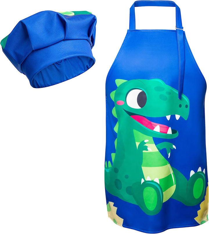 2 Pcs Kid Apron and Chef Hat Set, Adjustable Children Blue Kitchen Apron Cooking Baking Painting and Training Kits Dress up Role Play Chef Toy Kid Funny Cooking Gift New Year