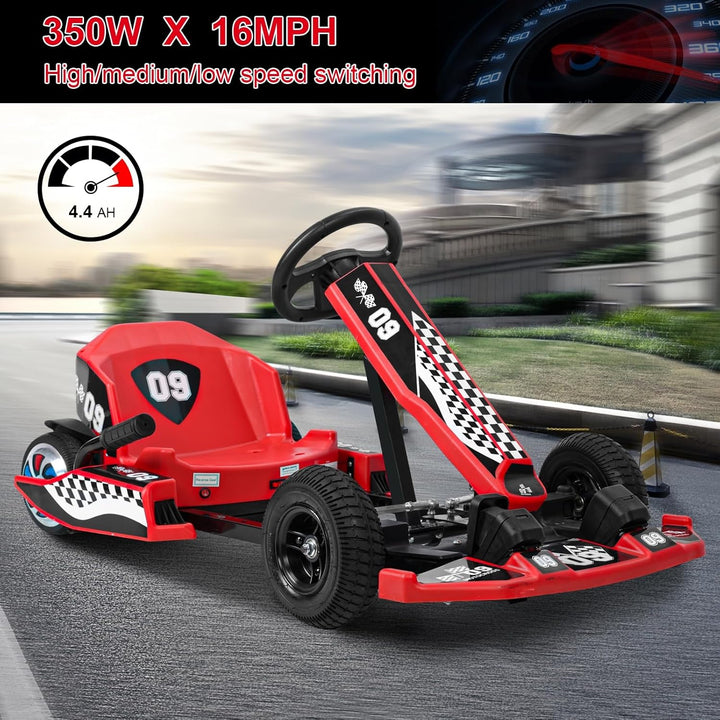 Electric Go Kart 36V, 32"-44" Adjustable Seat Length Drifting Kart for Growing Kids, 350W Motor Ride-On Toy for Ages 8-12, for Riders up to 187 Lbs Red