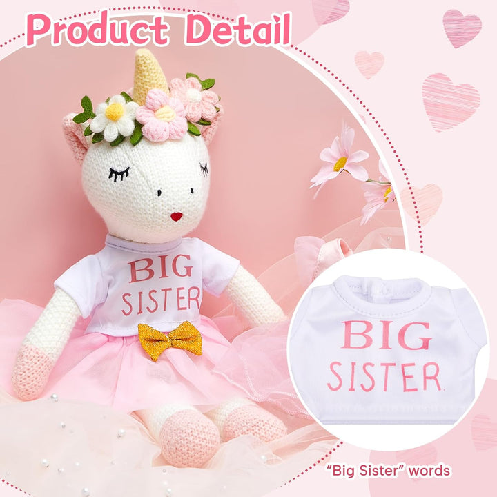 Big Sister Gift for Girls 17 Inches Unicorn Stuffed Plush Doll Short Sleeve Top and Pink Tutu Skirt Gifts for Girls Toddler