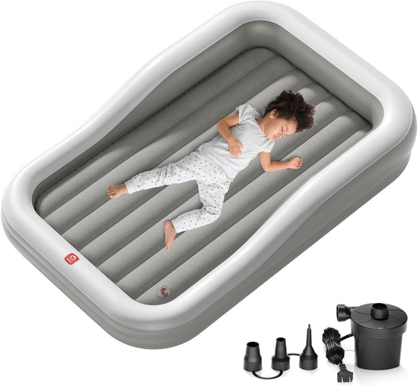 Inflatable Toddler Travel Bed with 3-Sided Safety Bumpers, Extra Large Kids Air Mattress, Includes Fast Electric Pump & Detachable Mattress, Portable for Camping, Travel, Home Use (Grey)
