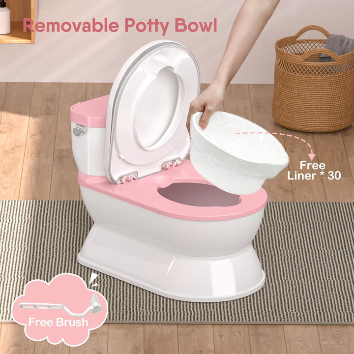 2-In-1 Toddler Potty Training Toilet - Larger Potty Chair & Detachable Training Seat for Boys & Girls Ages 1-3 with Flushing Sound, Wipes Storage, Toilet Paper Holder - Pink
