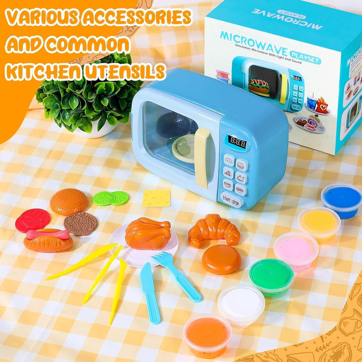 Microwave Toys Kitchen Play Set with Light Sound,Kids Pretend Play Electronic Oven with Play Food and 6 Color DIY Play-Dough for Children Ages 3+ Years (Blue)