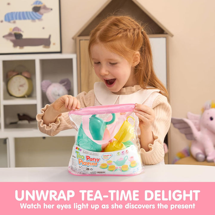 18PCS Pretend Role Play Tea Party Set Play Food Accessories BPA Free, Phthalates Free, Plastic Tea Set, Mini Kitchen for Kids, Gifts for Toddler Boys Girls Ages 3 4 5 6 Years Old