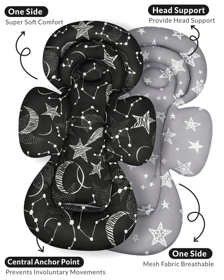 Infant Car Seat Insert with Extra Cushion for Preemie to Toddler, Reversible Newborn Carseat Insert Head Support, Fits for Stroller, Baby Swing, Rocker, Bassinets, Bouncer (Black Star)