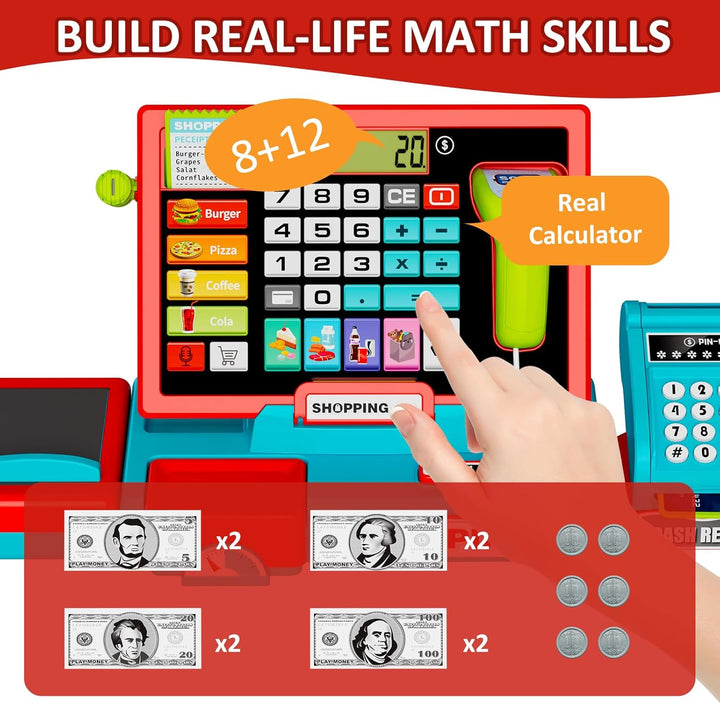 Kids Cash Register Toy Playset with Real Calculator, Toddler Pretend Play Store Incl Scanner/Credit Card/Play Money/Conveyor/Food Toys, Learning Toys Gifts for Boys Ages 4-8 8-12, Red