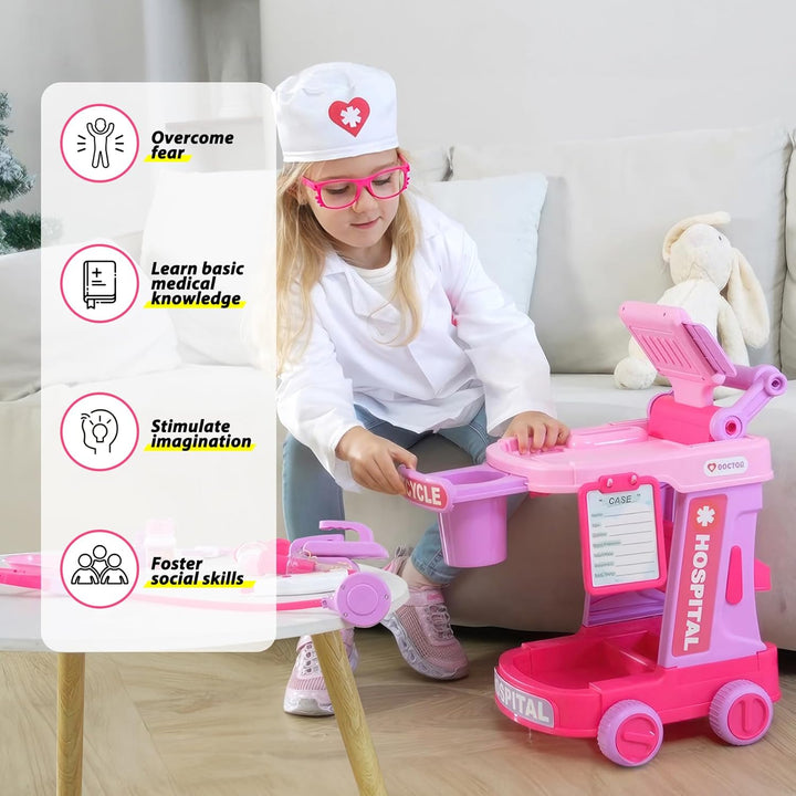 Doctor Kit for Toddlers Aged 2 3 4 5, Pretend Doctor Play Set for Kids with Cart, Costume and Stethoscope, Role Play Medical Toys for Girls Boys(Pink)