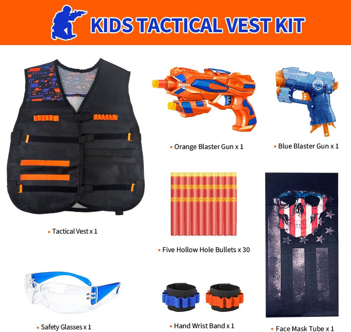 Tactical Vest Kit for Kids, Compatible with Nerf – Includes Vest, 2 Pack Toy Guns, 30 Foam Darts, Goggles, Wristbands, Skull Mask – Great Birthday Gift for Boys and Girls