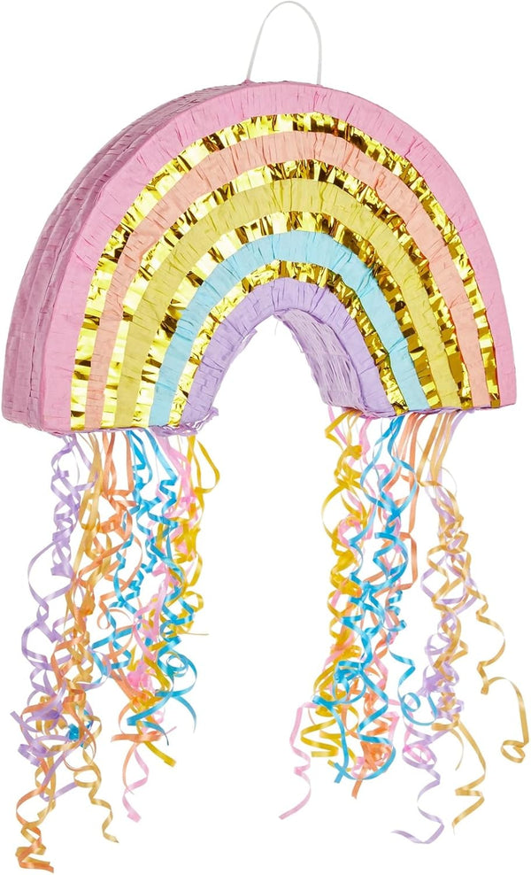 Rainbow Pull String Pinata for Pastel Birthday Decorations, Gender Reveal Party Supplies, and Birthday Party (Small, 16.5 X 10 X 3 In)