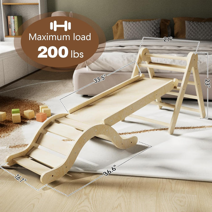 Pikler Triangle Set 7In1 Toddler Climbing Toys Indoor Foldable Baby Climbing Toys Wooden Montessori Climbing Set with Arch, Ramp, Ladder for 1-3 Years, Jungle Gym for Kids (Natural)