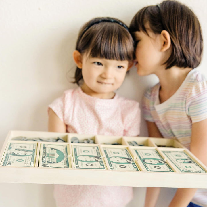 Play Money Set - Educational Toy with Paper Bills and Plastic Coins (50 of Each Denomination) and Wooden Cash Drawer for Storage