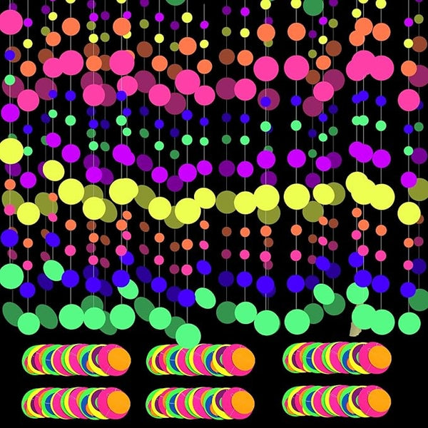 120Feet UV round Dot Paper Neon Garland Neon Streamers Decorations UV Reactive Black Light Party Favors Glow in the Dark Party Supplies for Wedding Birthday Garlands