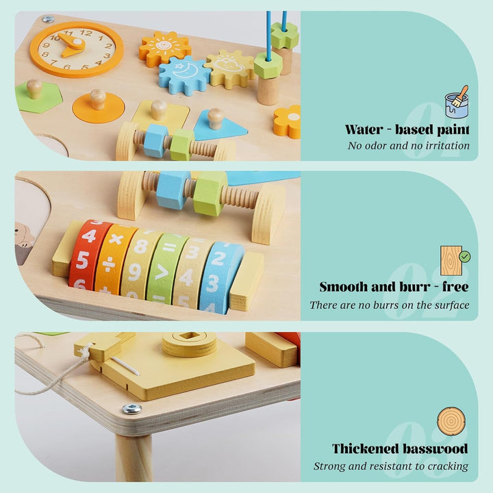 Activity Table for 1+ Year Old, 8-In-1 Wooden Montessori Activity Center Table with Shape Sorter Math Game Bead Maze, Baby Sensory Toy Learning Toys for Toddler First Birthday Gift