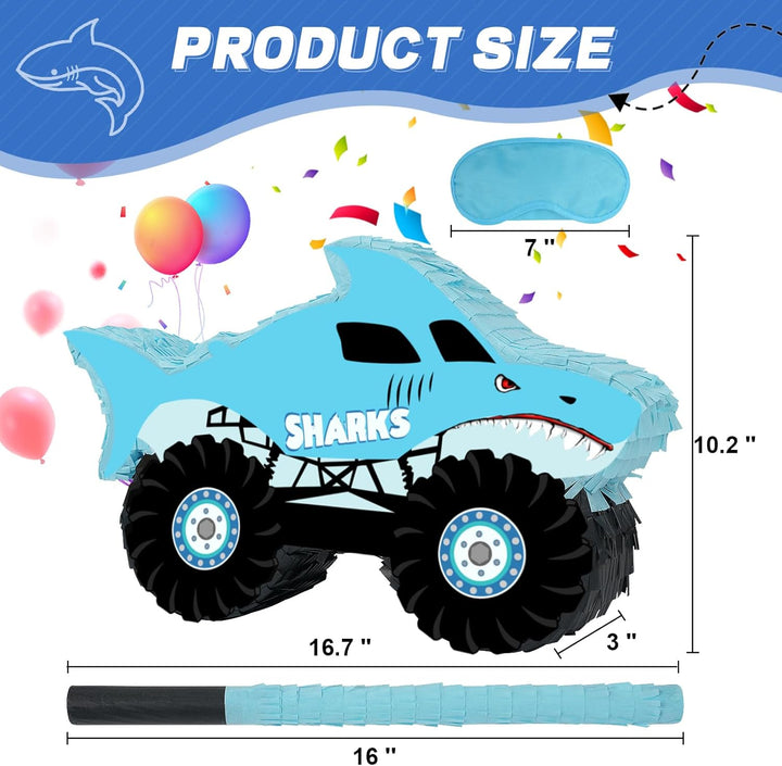 Shark Truck Pinata - Monster Truck Pinata with Blindfold and Bat for Kids Shark Monster Truck Theme Birthday Party Game Decorations (16.7”X10.2”X3”)
