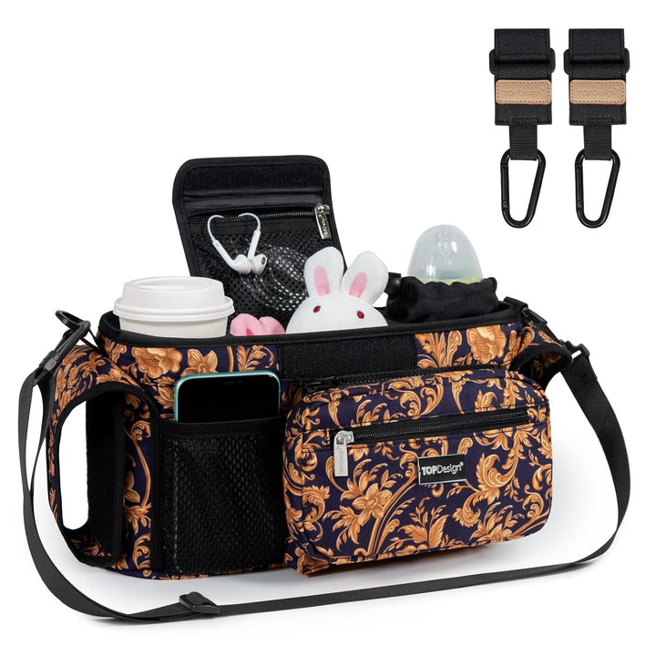 Universal Baby Stroller Organizer, Stroller Caddy with Detachable Mesh Bag & Heightened Insulated Cup Holders & Non-Slip Secure Hooks Accessories, Fits Most Strollers (Checkerboard)